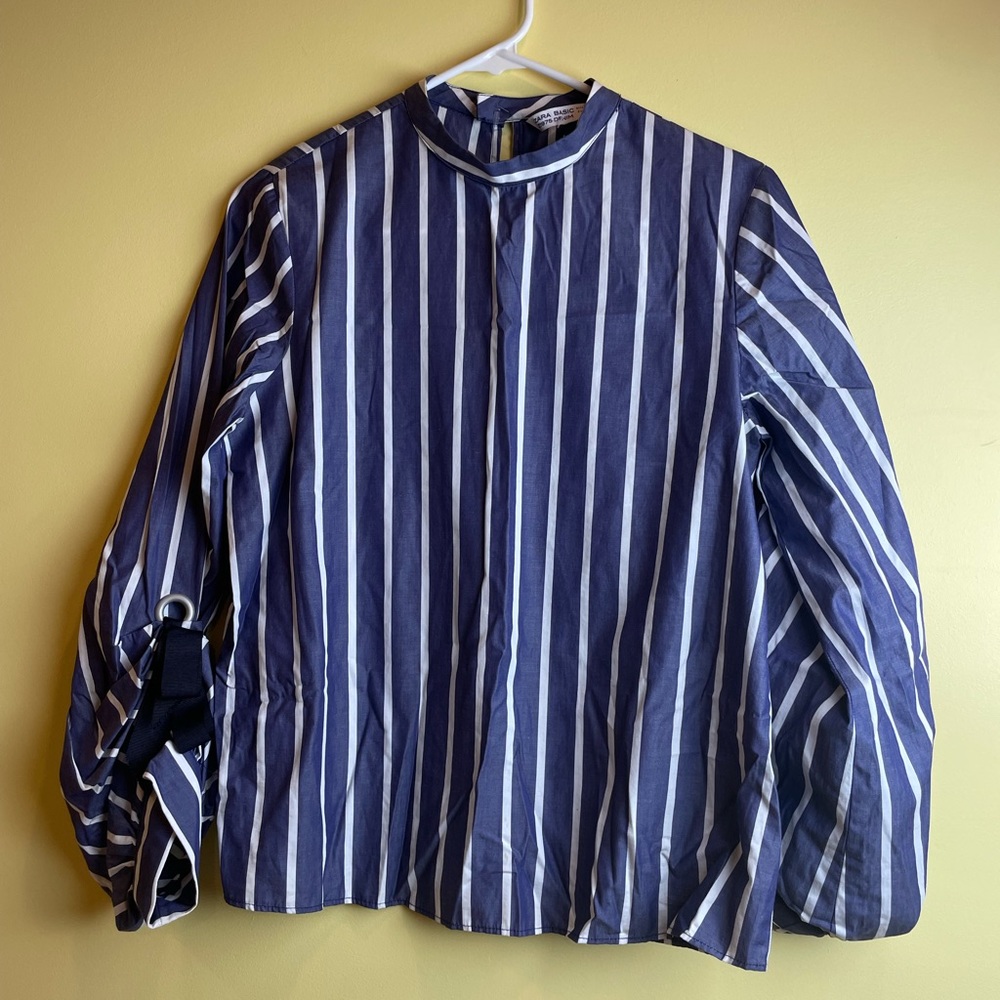 Zara Basic Z1975 Denim Blue and White Striped Top with Tie Sleeves S - Picture 5 of 5